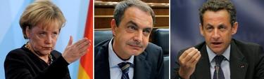 La canciller alemana, Angela Merkel; el presidente del Gobierno, Jos Luis Rodrguez Zapatero; y el presidente galo, Nicolas Sarkozy | Archivo